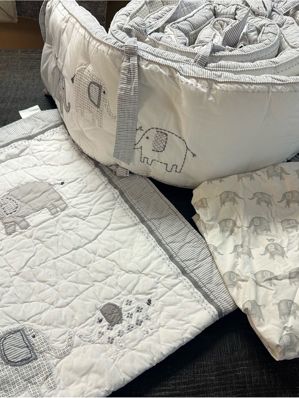 Pottery Barn Kids Gray & White Elephant Quilted Baby Bedding Set